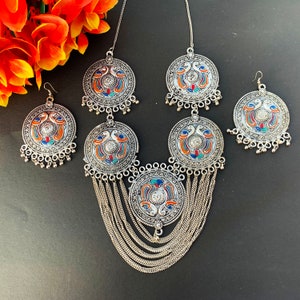 Afghani Necklace with Earrings-Oxidized Afghani Necklace-Long German SIlver Necklace with Enamel Work-Alpaca Silver Necklace-Indian Jewelry