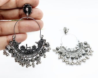 LIGHTWEIGHT Statement Oxidized Indian Chandbali Earrings-Figure Earrings-Indian Wedding Silver Jewellery-Afghani Handcrafted German Silver