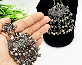 Antique Oxidized Afghani Earrings-Bohemian Statement LIGHTWEIGHT Earrings-German Silver/Alpaca Silver-Indian Festive Classic Jewelry