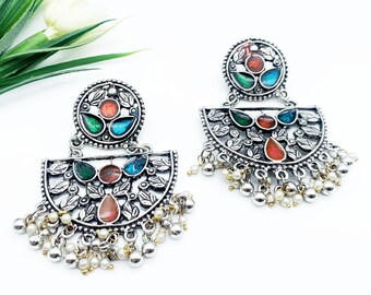 Handmade Meenakari Oxidized Indian Jewellery- Festive Occasional Earrings-Lightweight Jewellery