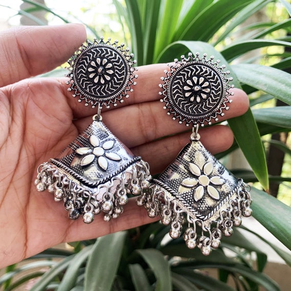 India peacock earrings in German silver, India pearl jhumka earrings,  peacock jhumka, peacock earrings, peacock jewelry, peacock lover gift