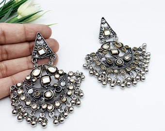LIGHTWEIGHT Oxidized Dual Tone Afghani Jewellery-Long Indian Chandbala Festive Earrings-Wedding Traditional Jewellery-Indian German Silver