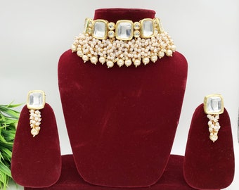 Polki Kundan White Choker Set- Lightweight Necklace for Girls- Indian Traditional Ethnic Gold Plated Jewellery- ADJUSTABLE to Neck Size