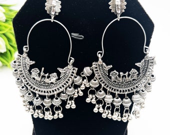 Afghani Long Lightweight Bird Earrings- Oxidized Indian German Silver Jewelry- Bohemian N Hippie Jewellery- India Bollywood Festive Earrings