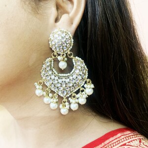 Kundan Earrings-Indian Traditional Chandbala Earrings-Indian Ethnic Jewelry-White Kundan Earrings-Classic Indian Wedding Jewelry-Bridesmaid