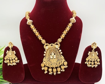 Antikes Gold Langes Anhänger Set-Indische Hochzeit Traditionelle Schmuck-Braut Schmuck-Indische Mode-Antique Gold Mala-High Quality Schmuck