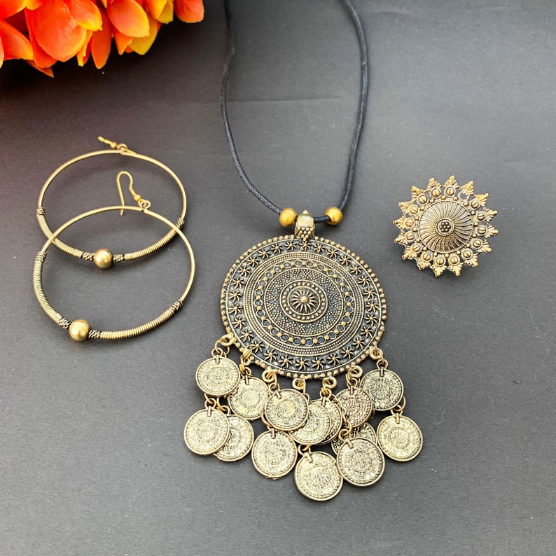 Oxidized Pendant,Hoops and Ring set-Afghani Jewelry-Afghani Pendant-Afghani Hoops-Afghani Ring-Indian Ethnic Jewelry-Oxidized Jewelry