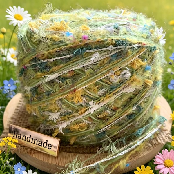 Meadow Whisper Hand-Blended Yarn | Spring Fresh Chunky Textural Art Yarn for Crochet, Weaving (100g)