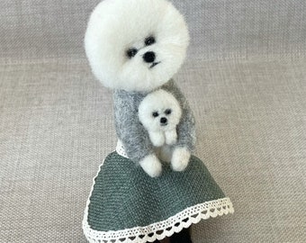 Bichon Frise doll with puppy on a wooden stand (#3)