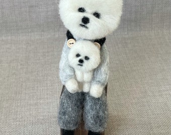 Bichon Frise doll with puppy on a wooden stand (#2)