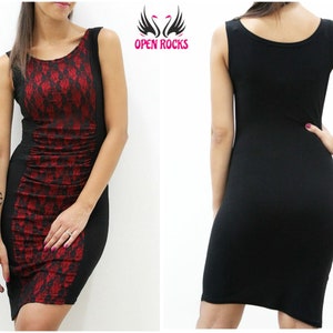 Black and red elasticated sheath dress doubled in black lace, Red and black tube dance dress with wide straps and round neckline, Party suit