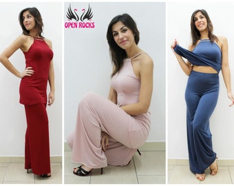 Damespak paleis broek en lange top met Swarovski, Elegante dames ceremoniële jurken met hoge taille broek en lange tank top