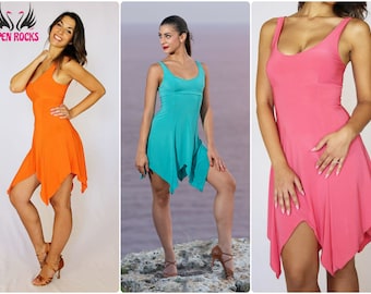 Uitlopende asymmetrische korte jurk voor het beoefenen van Latin dansen Caribische dansen en moderne dans, Oranje of roze groenblauwe dansjurk