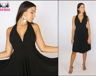 Marilyn Monroe stijl zwarte swingjurk, halterjurk met diepe halslijn en volle rok, jaren '50 vintage damesjurk