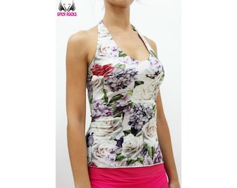Lichtlila gebloemde top met rozen en viooltjes, Elegante laag uitgesneden, op maat gemaakte top om rond de nek te strikken, Top voor het dansen van de Argentijnse tango