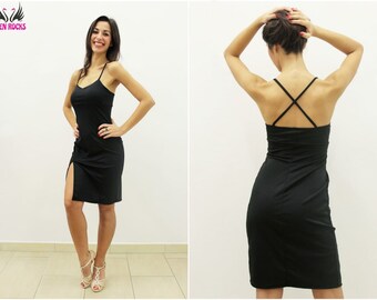 Elastische zwarte jurk met dijhoge spleet, comfortabele en zachte zwarte zipless baljurk met dunne bandjes