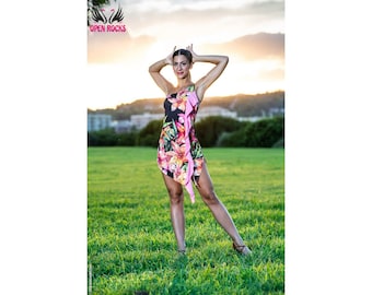 Floral short one-shoulder dress with pink jabot appliqué, Black flower one-shoulder dress with lilies, Latin American one-shoulder dress