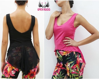 Top Argentijnse tango dans fuchsia of zwart met lange voile insert, Dans top met hals in de rug en transparante sluier insert