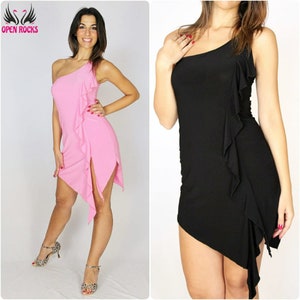 Asymmetric one shoulder short dress with jabot, Asymmetrical dance dress with ruffles for training practice and Latin dance internship