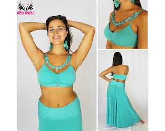 Compleet voor oosterse dansen teal met top en lange rok, Professionele water groene buik dans jurk met turquoise steentjes