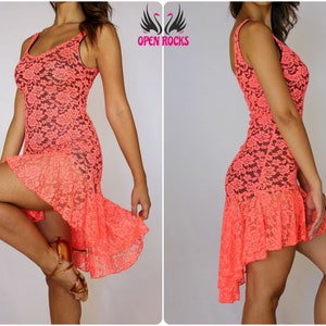 Fluo orange coral lace dress, Dance dress for latin dances, Short dress with flounce, Asymmetrical dress for latin American, Dancewear