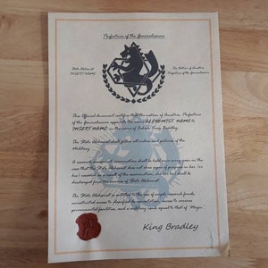 Certificado personalizado de Fullmetal Alchemist (con sello de cera)