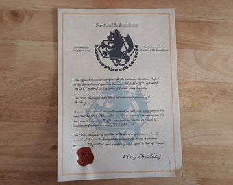 Personalised Fullmetal Alchemist Certificate (With Wax Seal)