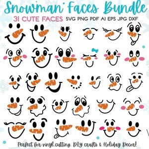 Peut inclure: Un ensemble de 31 illustrations de visages de bonhomme de neige en noir et blanc. Les visages ont des expressions diff&eacute;rentes, notamment souriant, clin d'&oelig;il et surpris. Le texte "Snowman faces Bundle" et "31 CUTE FACES" est en haut de l'image. Le texte "Perfect for vinyl cutting, DIY crafts & Holiday Decor!" est en bas de l'image. Le texte "DIVA WATTS designs" est dans le coin inf&eacute;rieur droit de l'image.