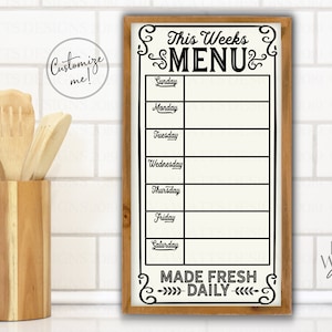 Menu de la semaine SVG | Fichier de découpe | Ferme de style vintage rustique | Téléchargement instantané DXF PNG eps | Plan de repas personnalisé | Plaque de cuisine