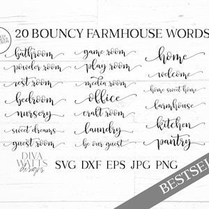 SVG Farmhouse Words Bundle of 20 | Cutting Files | Updated | Bouncy Font with Tails | DXF PNG jpg eps | Vinyl Stencil htv | Signs Sign Set