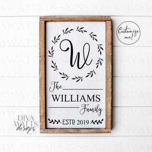 Nom de famille monogramme SVG | Fichier de découpe | Panneau Bienvenue à la ferme | Couronne florale | Pochoir en vinyle HTV | Torchon | Rectangulaire vertical