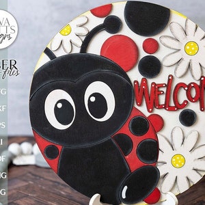 Welcome Glowforge Laser SVG Ladybug & Daisies Door Hanger Design Ladybug Sign SVG Laser File for Front Door Decor Ladybug Welcome Sign