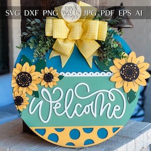 Accroche-porte de bienvenue SVG, fichier de découpe laser tournesol, conception de plaque de porte ronde, Glowforge SVG, Xtool, décoration de bienvenue à la ferme