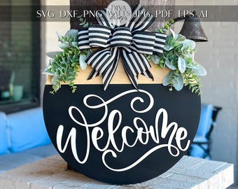 Welcome Sign SVG, Round Door Hanger Laser Cut File, 3D Layered Welcome SVG, Farmhouse Porch Decor, Glowforge, Xtool, Omtech