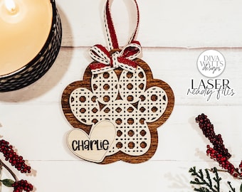 Christmas Boho Rattan Paw Print & Heart Pet Ornament Glowforge SVG | Laser File