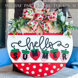 Hello Summer SVG, Strawberry Door Hanger Laser Cut File, 3D Layered Summer Sign, Seasonal Porch Decor, Glowforge, Xtool, Omtech