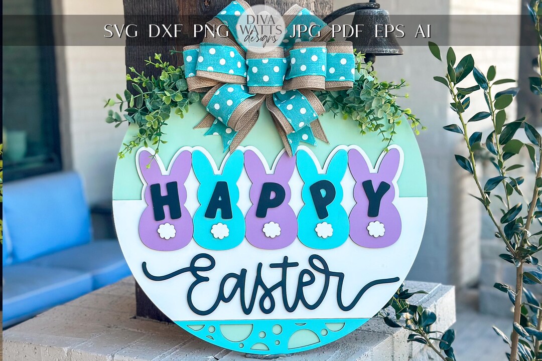 Happy Easter Bunny Door Hanger SVG, Round Laser Cut File for Glowforge ...