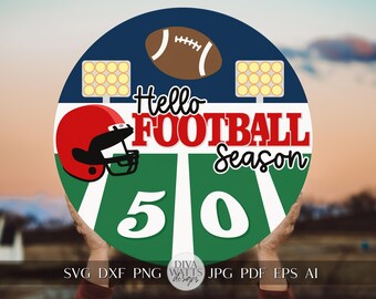 Hello Football Season Digital Download Round Sign Design Football Door Hanger Football SVG Football Laser File Glowforge Laser File SVG