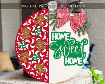 Christmas Home Sweet Home Round Door Hanger SVG, Gingerbread Peppermint Laser Cut File, Holiday Porch Sign Digital Download