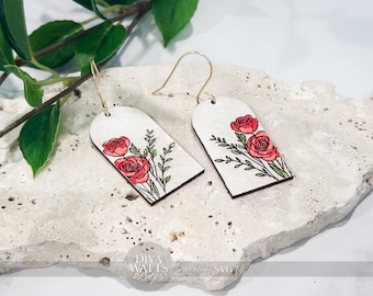Laser geschnittene Ohrringe SVG | Rote Rose gravierte Ohrringe Datei | Romantische DIY Schmuck SVG für Glowforge xTool | Floral Tag Cut File