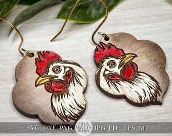 May include: A pair of wooden earrings with a rooster design. The rooster is white with a red comb and wattle. The earrings are shaped like a teardrop and have a gold hook.
