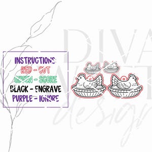 May include: A white background features a design of a hen in a nest, with instructions for cutting, scoring, engraving, and ignoring. The text reads "INSTRUCTIONS RED - CUT GREEN - SCORE BLACK - ENGRAVE PURPLE - IGNORE".