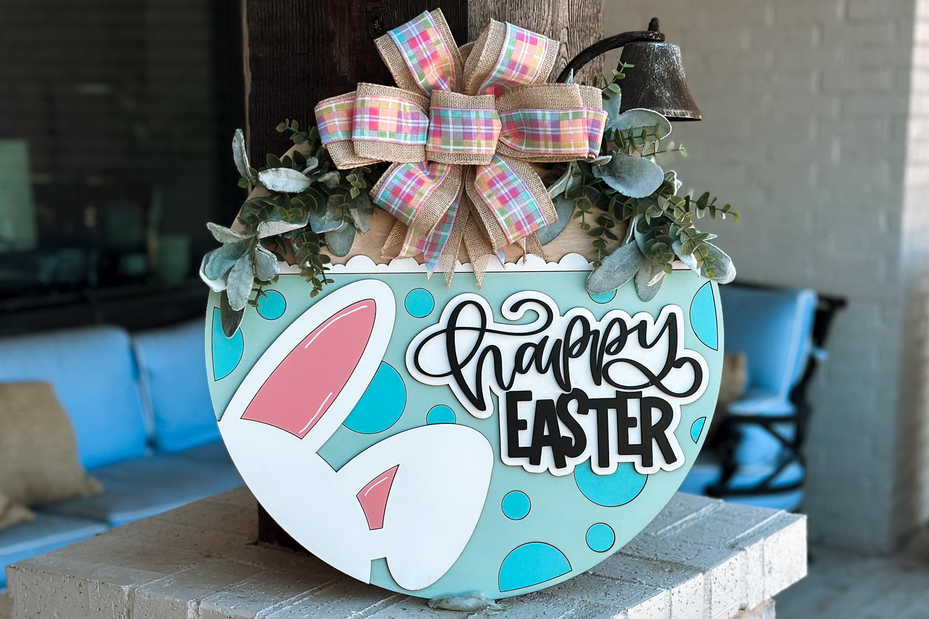 Happy Easter Bunny Door Hanger SVG, Layered Easter Sign Laser Cut File ...