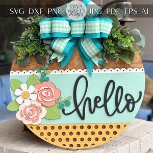 Accroche-porte floral bonjour fichier de découpe laser SVG, panneau de bienvenue rond, motif floral printanier, compatible Glowforge et Xtool, fichier laser bricolage