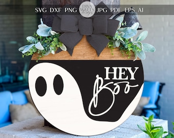 Laser Cut Door Hanger SVG | Hey Boo Halloween Sign | DIY Ghost Round Sign Template | Digital SVG for Glowforge xTool | Porch Decor