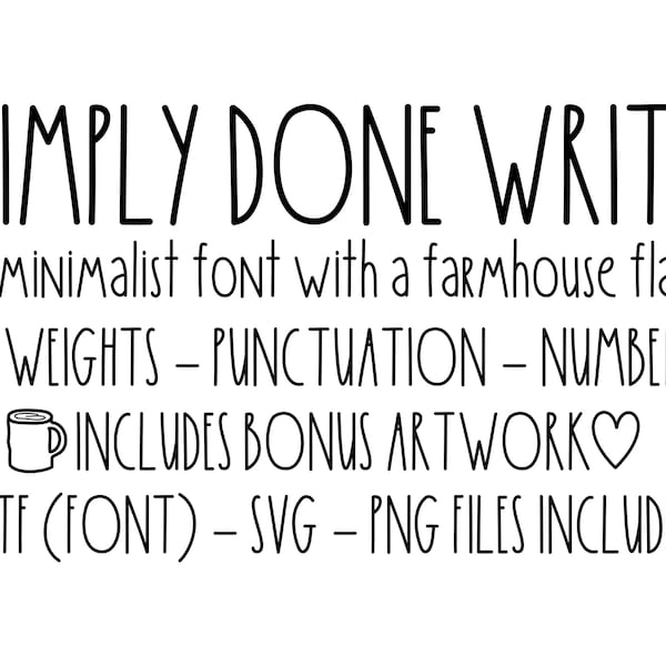 Lettertype | Gewoon klaar met | schrijven Lite Bold Regular | Bonus Dingbats | Boerderij Skinny Tall Thin | Mug Birdhouse | Stickers | Decor