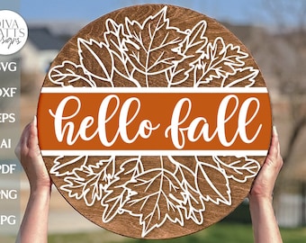 Hello Fall SVG Autumn Door Hanger SVG Fall Leaves svg Fall Welcome SVG Hello Fall Sign svg Hello Fall Porch Sign svg Falling Leaves svg