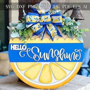 Hello Sunshine SVG Laser File | Lemon Slice Round Door Hanger SVG for Summer Decor | Bright Citrus Layered Laser Cut Sign Lemon Door Decor