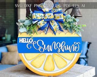 Hello Sunshine SVG Laser File | Lemon Slice Round Door Hanger SVG for Summer Decor | Bright Citrus Layered Laser Cut Sign Lemon Door Decor