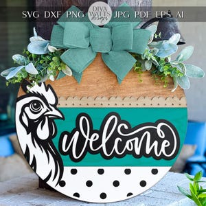 Laser Cut Door Hanger SVG | Chicken Welcome Sign SVG File | DIY Round Wood Sign Template | Farmhouse Digital Cut File for Glowforge